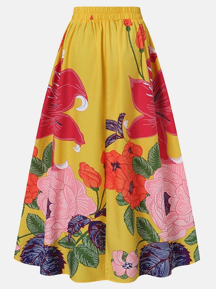 Kvinner Floral Print Casual Elastisk Høy Midje Holiday Maxi-Skjørt Med Lomme