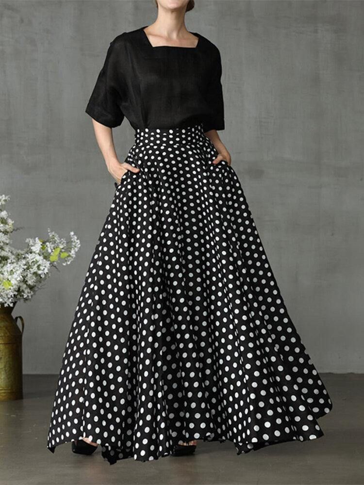 Kvinner Polka Dot Print Loose Big Swing Sidelommer Uformelt Langt Skjørt