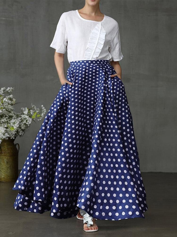 Kvinner Polka Dot Print Loose Big Swing Sidelommer Uformelt Langt Skjørt