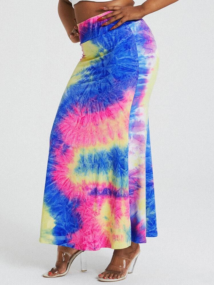 Tie Dye Print Høy Midje Rumpe Bodycon Langt Skjørt