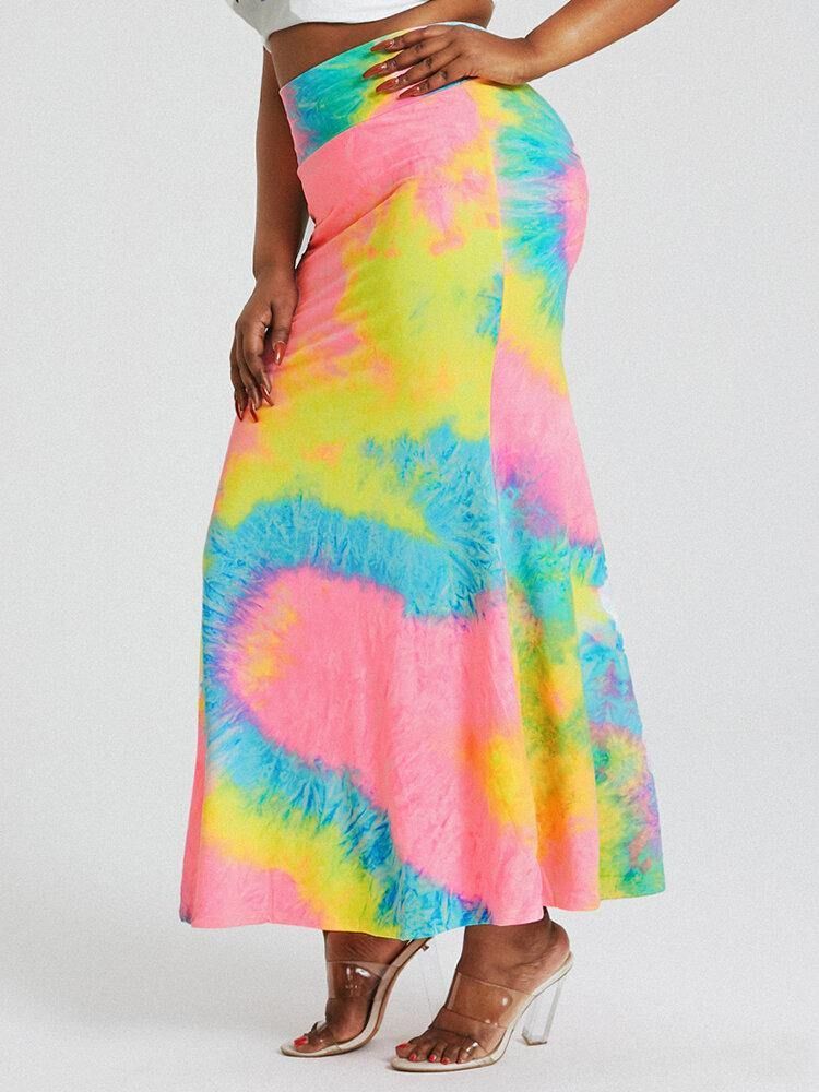 Tie Dye Print Høy Midje Rumpe Bodycon Langt Skjørt