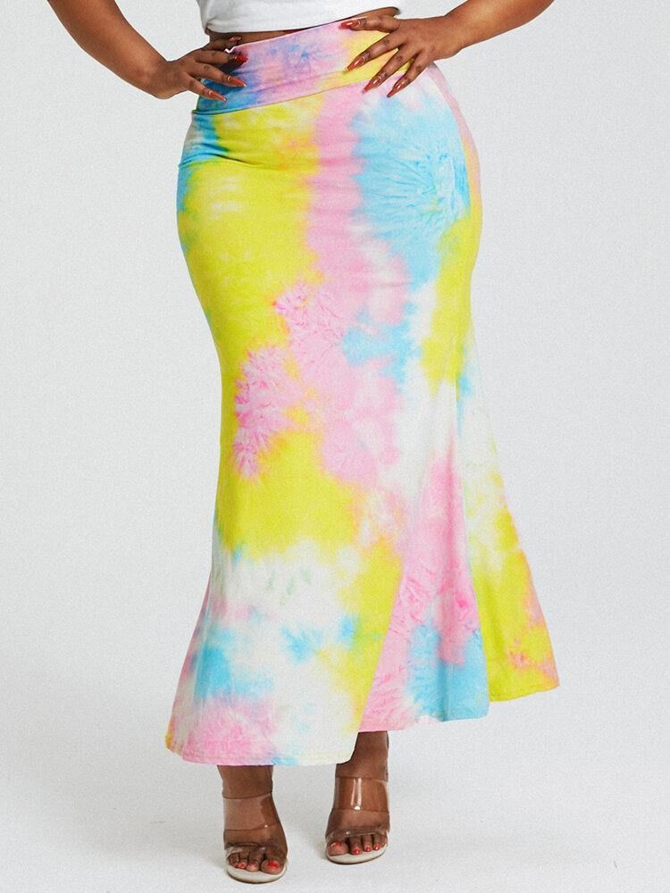 Tie Dye Print Høy Midje Rumpe Bodycon Langt Skjørt