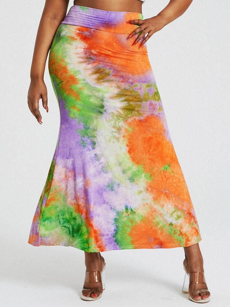 Tie Dye Print Høy Midje Rumpe Bodycon Langt Skjørt