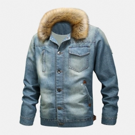 Herremote 100 % Bomullslommer Denim Fleece Fortykket Standkrage Fritidsjakke