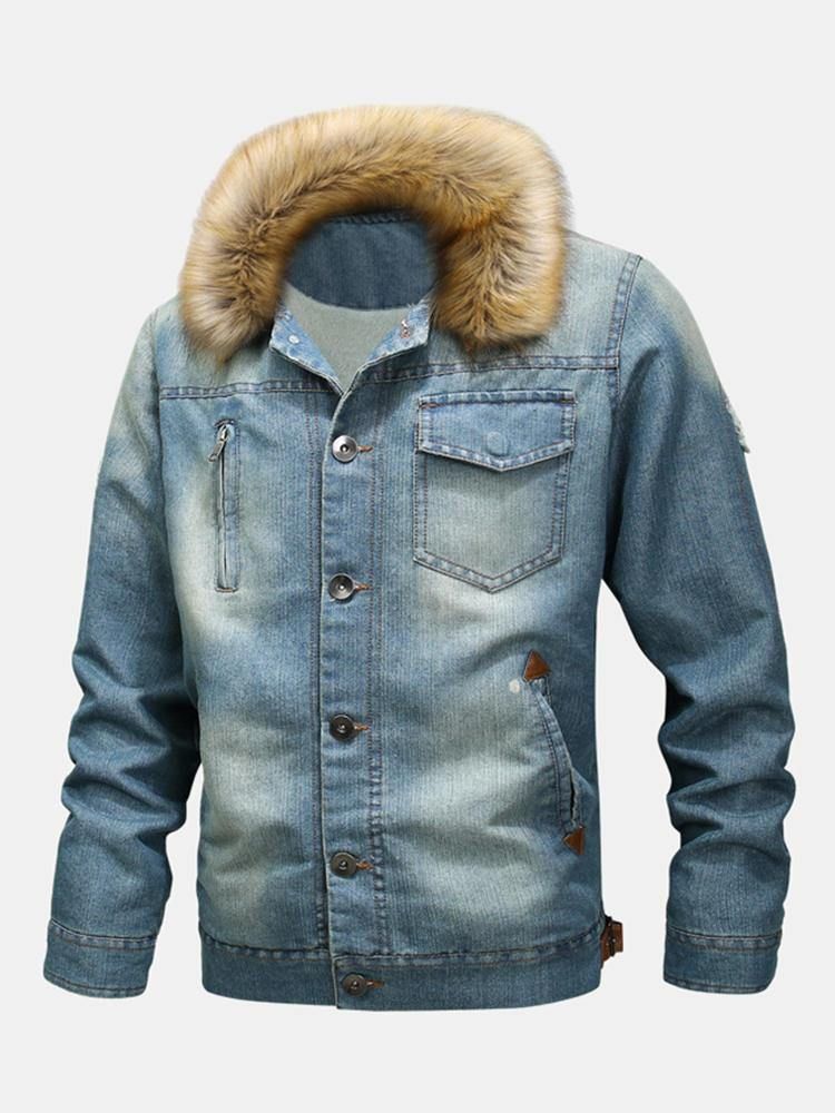 Herremote 100 % Bomullslommer Denim Fleece Fortykket Standkrage Fritidsjakke