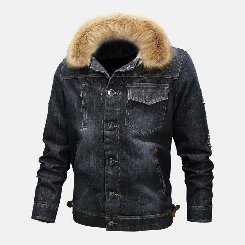 Herremote 100 % Bomullslommer Denim Fleece Fortykket Standkrage Fritidsjakke