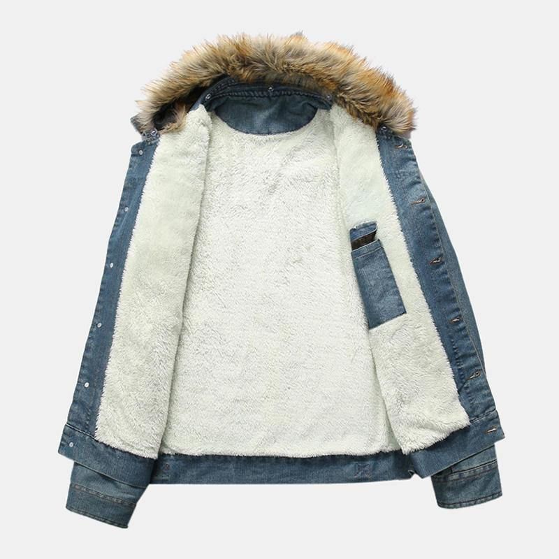 Herremote 100 % Bomullslommer Denim Fleece Fortykket Standkrage Fritidsjakke