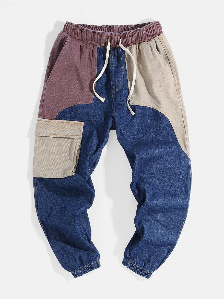 Herre Patchwork Multi Pocket Snøring Elastisk Midje Løs Jogger Jeans