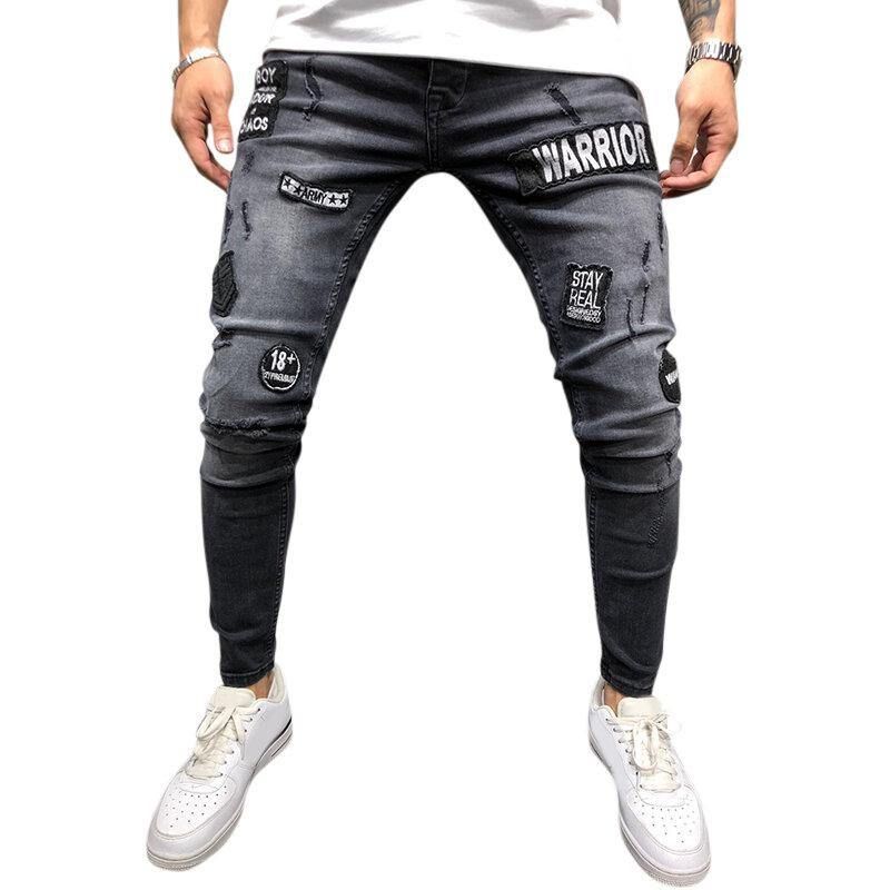 Herremote Bomull Mellom Midje Patchwork Jeans Dongeribukser