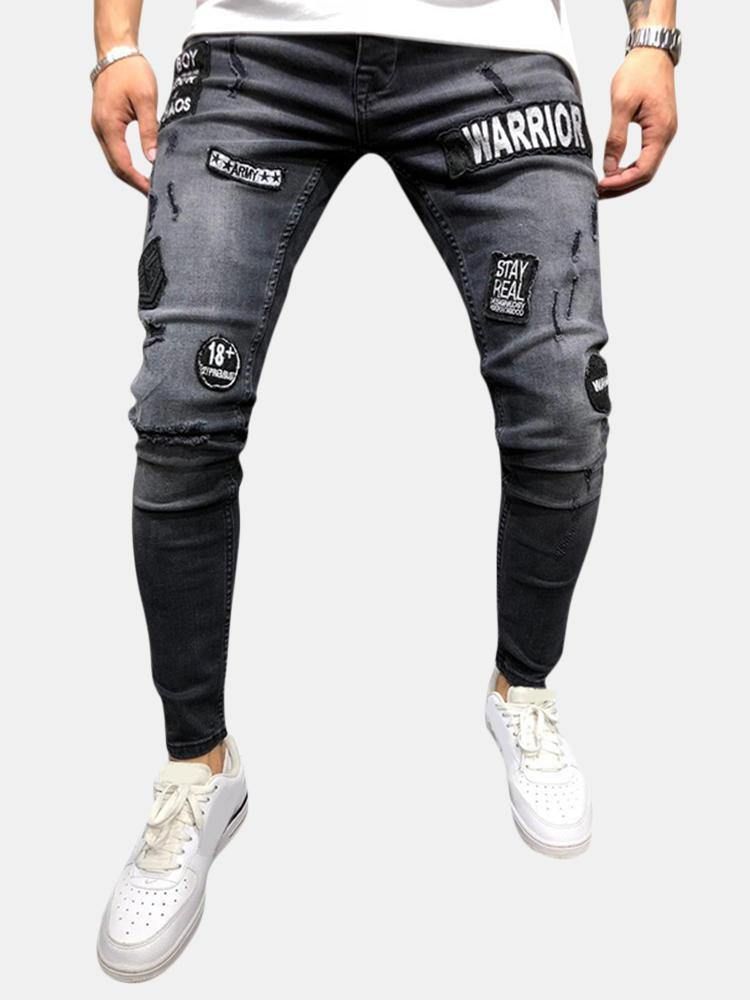 Herremote Bomull Mellom Midje Patchwork Jeans Dongeribukser