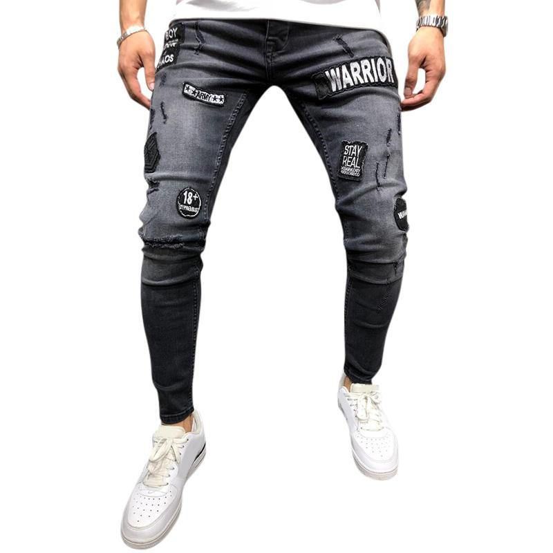 Herremote Bomull Mellom Midje Patchwork Jeans Dongeribukser