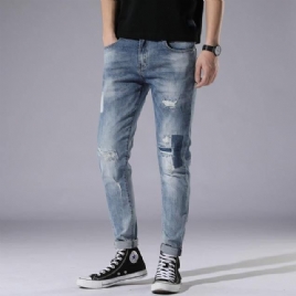 Lyseblå Hull Jeans Herre Day Slim Stitching Patch Street Stretch Bukser