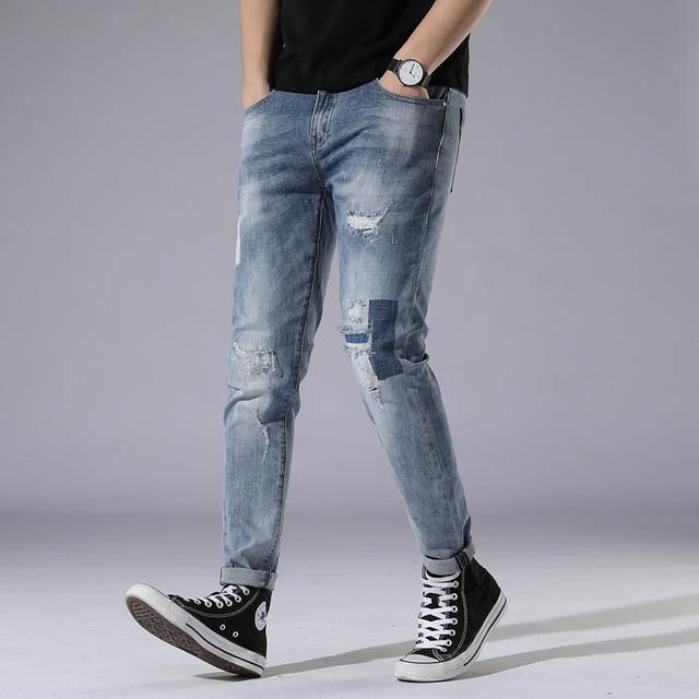 Lyseblå Hull Jeans Herre Day Slim Stitching Patch Street Stretch Bukser