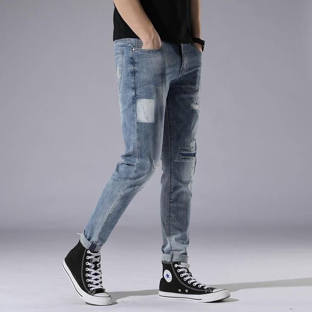 Lyseblå Hull Jeans Herre Day Slim Stitching Patch Street Stretch Bukser