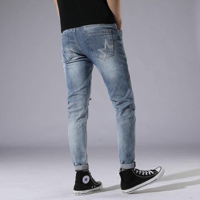 Lyseblå Hull Jeans Herre Day Slim Stitching Patch Street Stretch Bukser