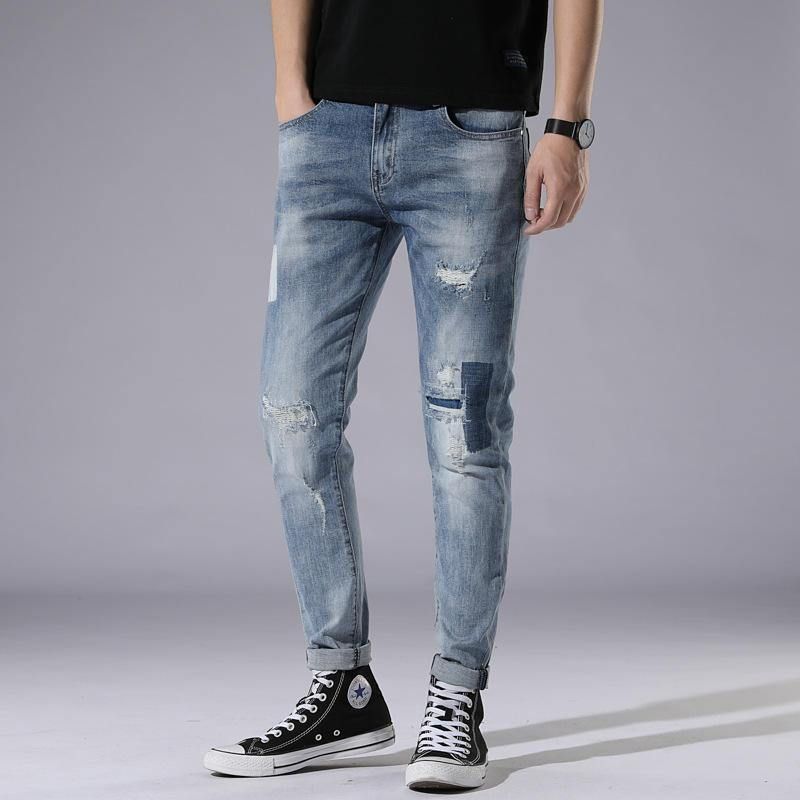 Lyseblå Hull Jeans Herre Day Slim Stitching Patch Street Stretch Bukser