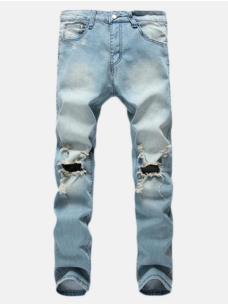 Menns Hull Mote Uformell Straight Ben Jeans Vintage Lyseblå Dongeribukser