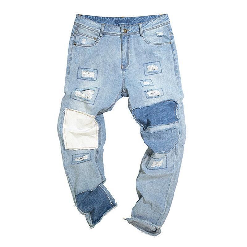 Stilig Patchwork Hip-Hop Blå Vaskede Designerjeans