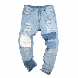 Stilig Patchwork Hip-Hop Blå Vaskede Designerjeans