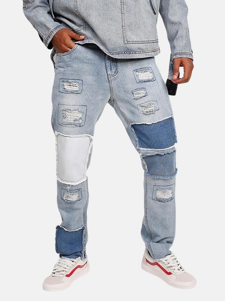 Stilig Patchwork Hip-Hop Blå Vaskede Designerjeans