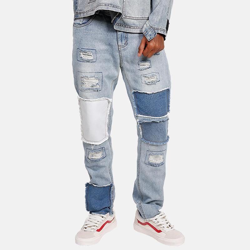 Stilig Patchwork Hip-Hop Blå Vaskede Designerjeans