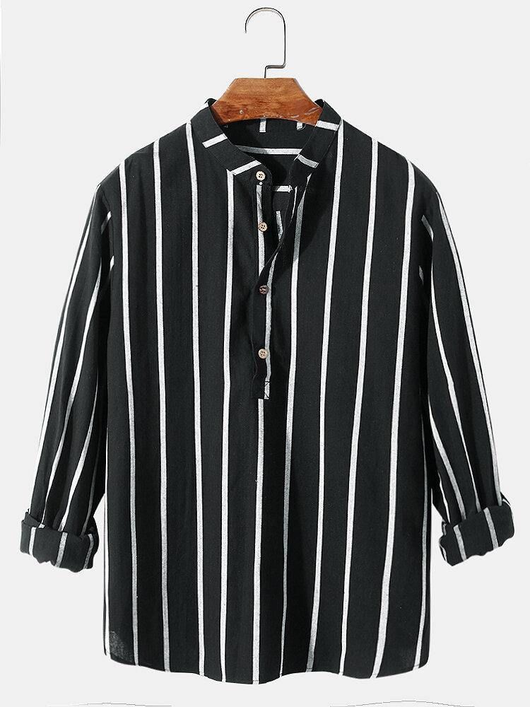 100 % Bomull Klassiske Stripeprint Lange Armer Henley-Skjorter For Menn