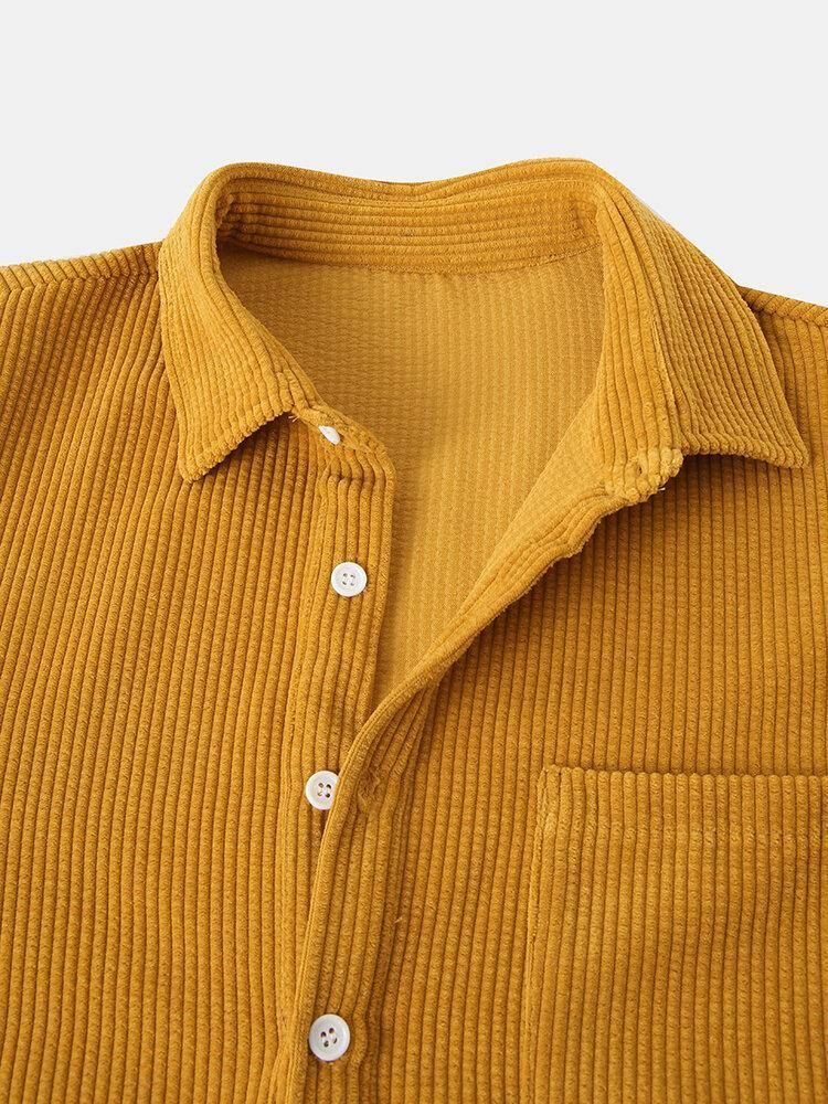 Corduroy Solid Henley Krage Brystlomme Lange Skjorter