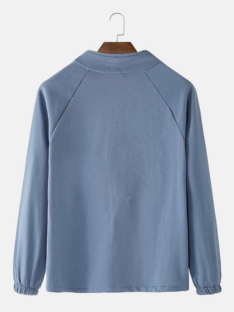 Herre Bomull Ensfarget Raglanermer Med Halv Glidelås Design Henley-Skjorter Med Lomme