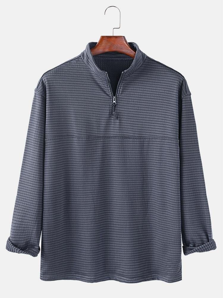 Herre Stripe Langermet Halv Glidelås Casual Henley Skjorter