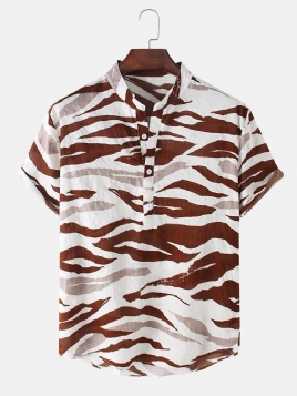 Herre Tiger-Mønster Print Henley Collar Kortermede Skjorter