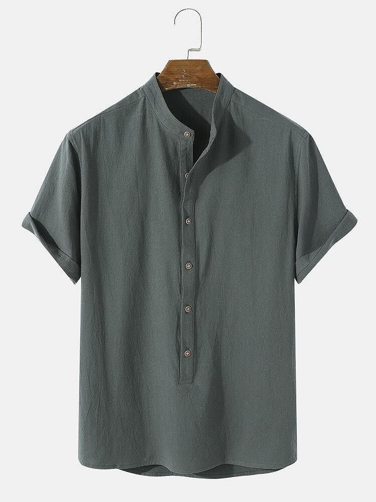 Herre Vanlig Basic Style Solid 100 % Bomull Kortermet Henley Skjorte