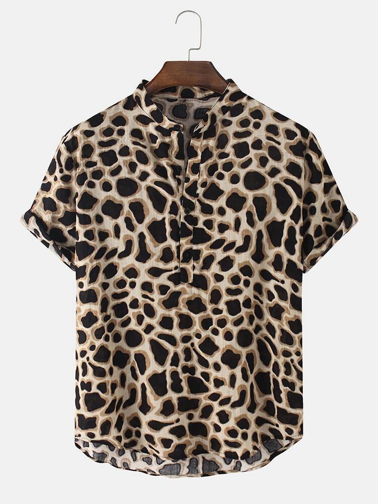 Leopardprint Henley Collar Kortermede Skjorter For Menn