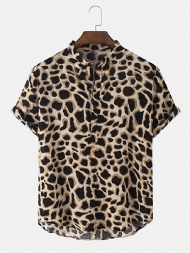 Leopardprint Henley Collar Kortermede Skjorter For Menn