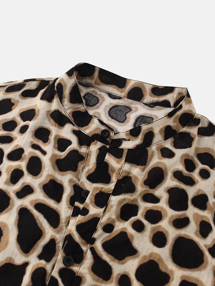 Leopardprint Henley Collar Kortermede Skjorter For Menn