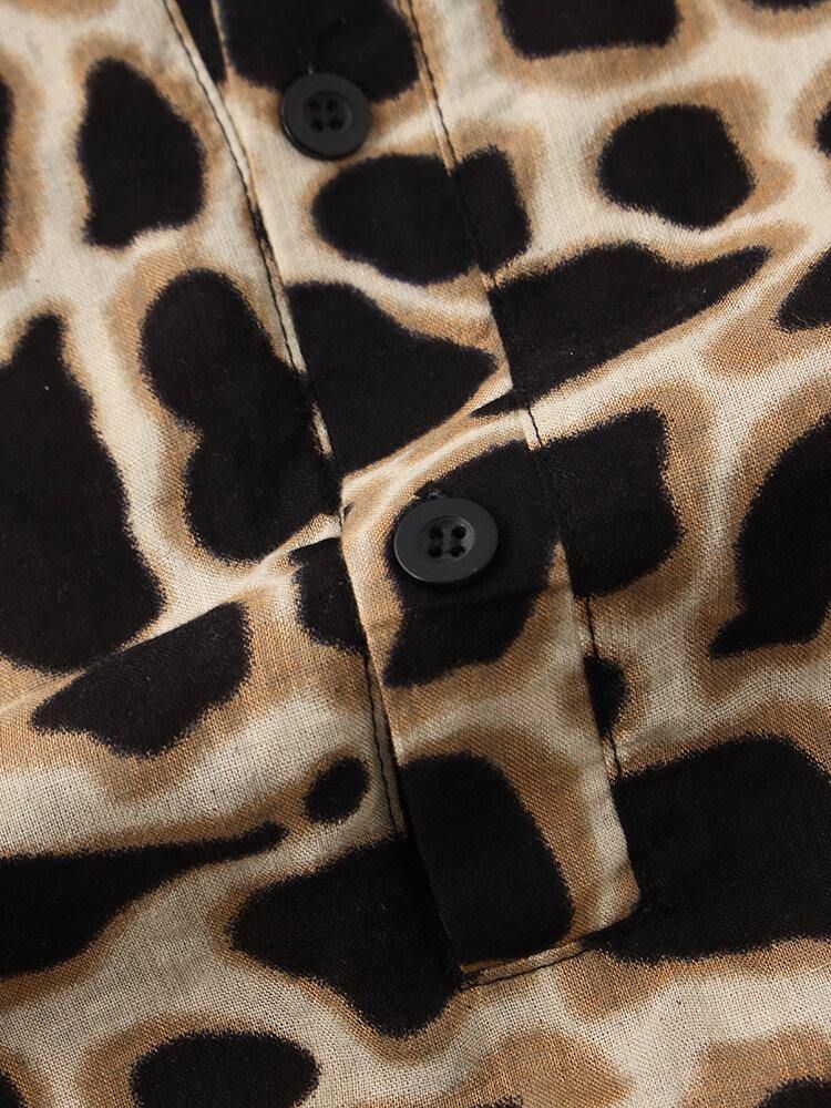 Leopardprint Henley Collar Kortermede Skjorter For Menn