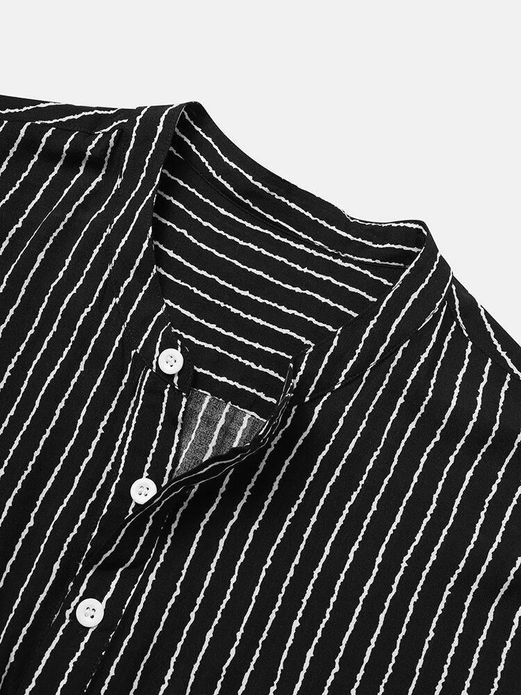 Pinstripe Stativ For Menn Uformelle Kortermede Henley-Skjorter Med Lomme