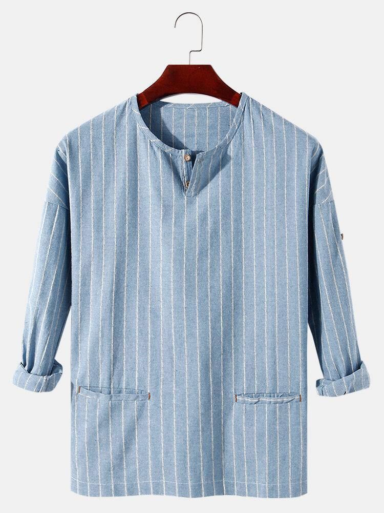 Stripe Halvåpen Krage Dobbel Lomme Fritidsskjorter For Menn
