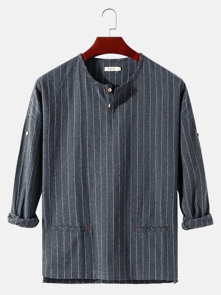 Stripe Halvåpen Krage Dobbel Lomme Fritidsskjorter For Menn