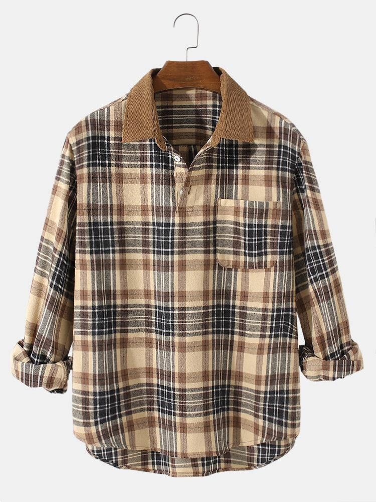 Vintage Pledd Casual Fit Bomull Lange Ermede Henley-Skjorter For Menn Med Lomme