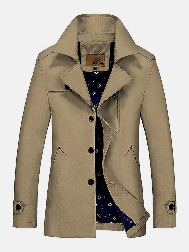 Menns Ensfargede Enkeltbreasted Business Mid Length Langermet Trench Coats