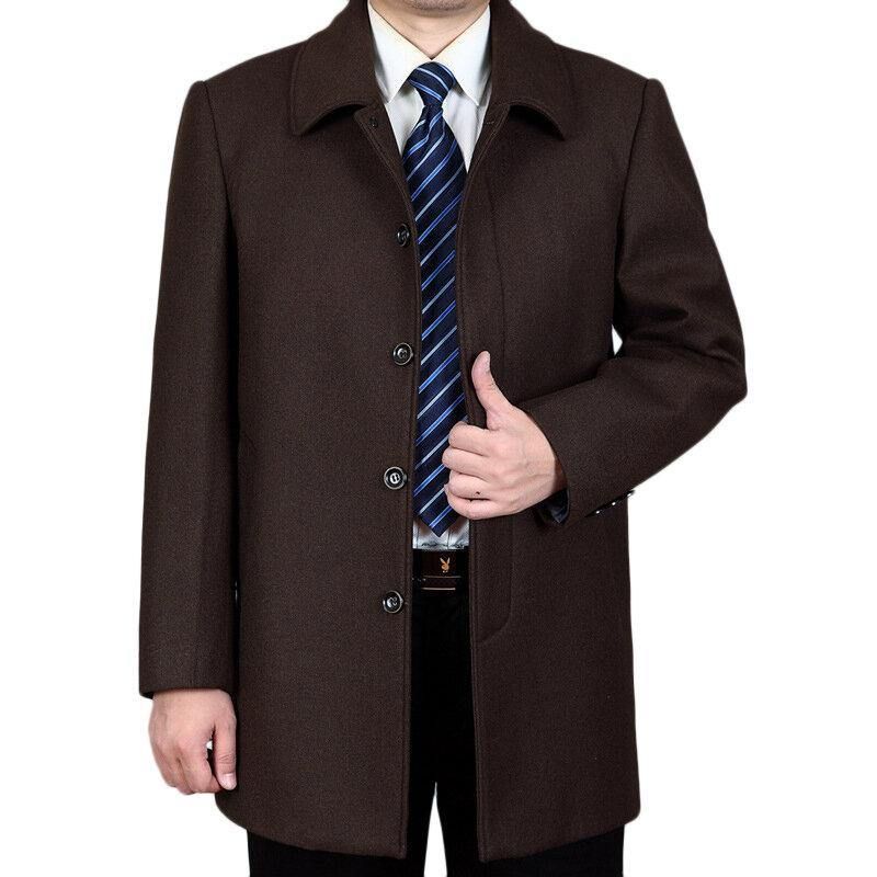 Menns Mellomlang Business Trenchcoat Ensfarget Uformelt Ullfrakk