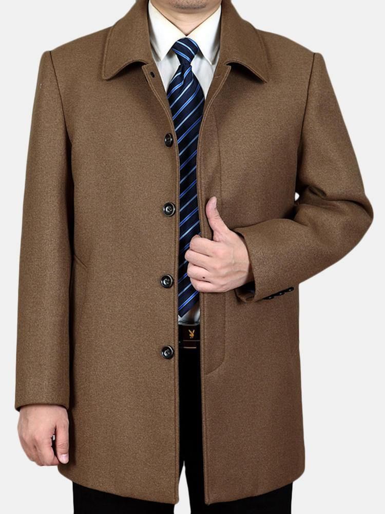 Menns Mellomlang Business Trenchcoat Ensfarget Uformelt Ullfrakk