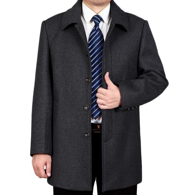 Menns Mellomlang Business Trenchcoat Ensfarget Uformelt Ullfrakk