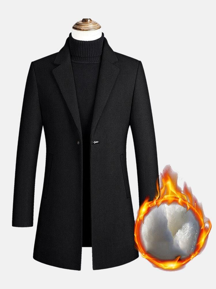 Menns Mid Long Warm Woolen Tykk Pocket Langermet Lapel Trench Coats