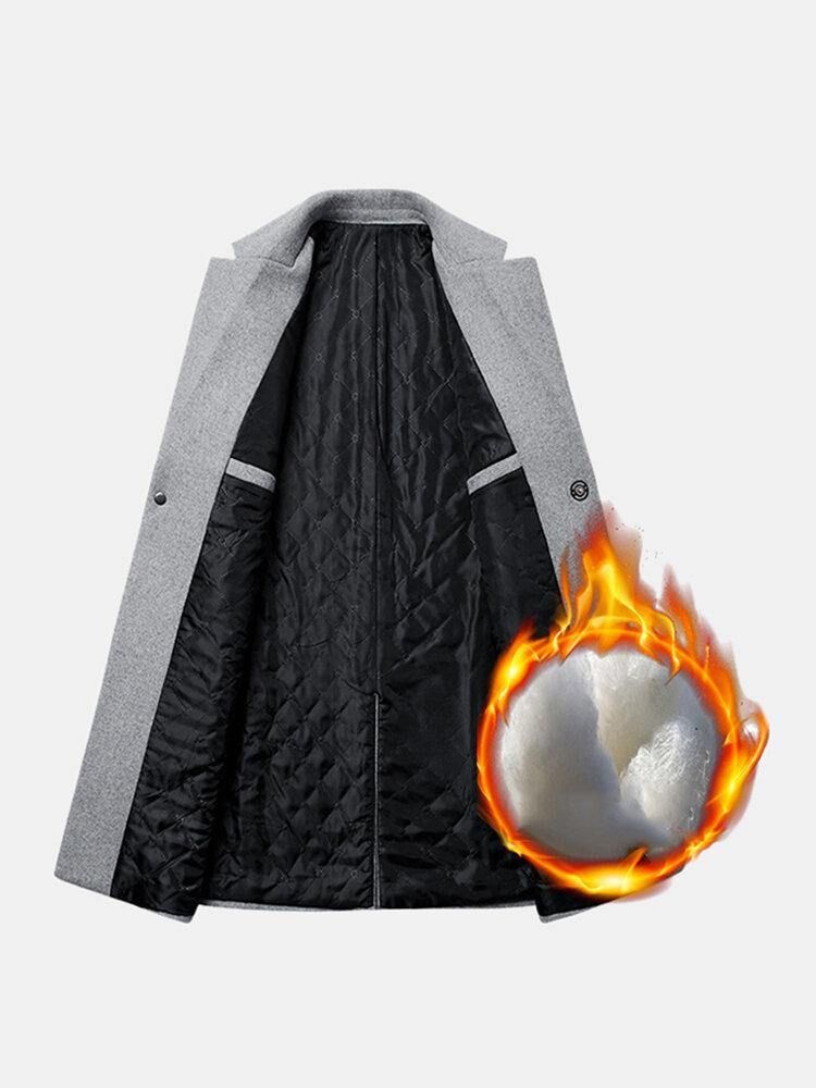 Menns Mid Long Warm Woolen Tykk Pocket Langermet Lapel Trench Coats