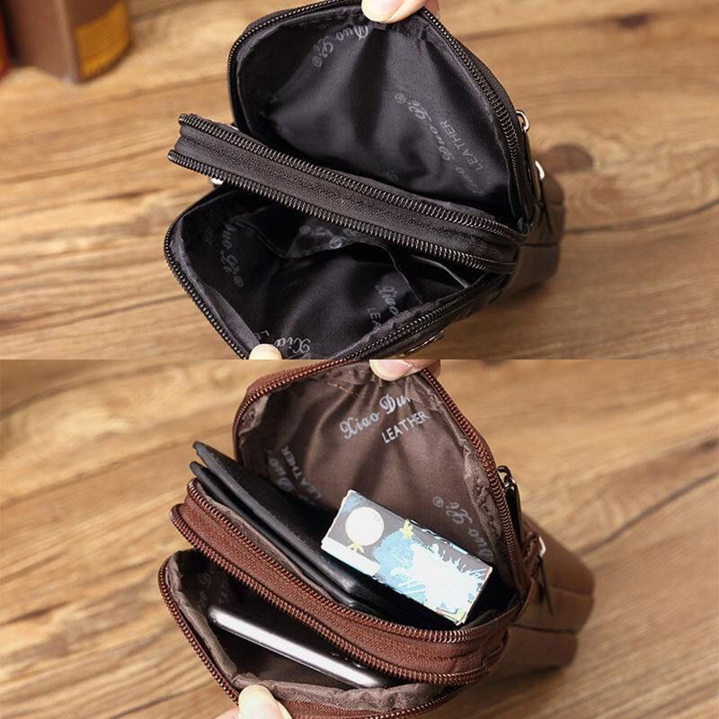 Herre Ekte Skinn Mini Multifunksjonell Messenger 7-Tommers Telefonveske Midjeveske Crossbody-Veske