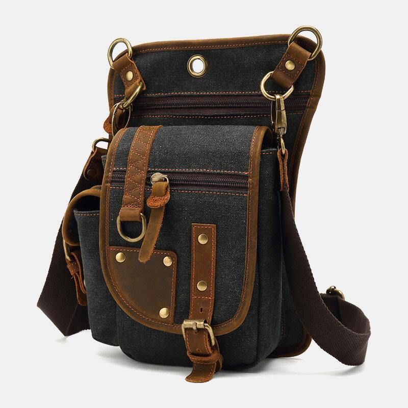 Menn Ekte Skinn Og Lerret Sykling Utendørs Sport Ben Bag Midje Bag Crossbody Bag