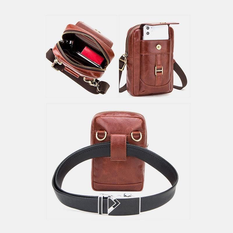 Menn Ekte Skinn Retro Mote 5.8 Tommers Telefonveske Multi-Bære Crossbody Bag Midjeveske