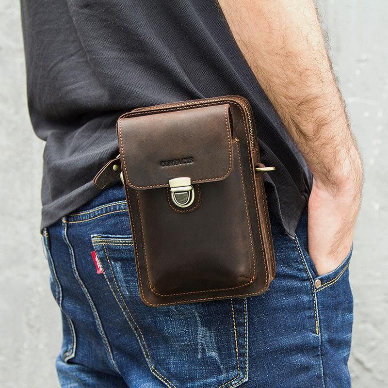 Menn Ekte Skinn Retro Uformelt Utendørs Multi-Bære Telefonveske Crossbody Bag Midjeveske For 5.8 Tommers Telefon