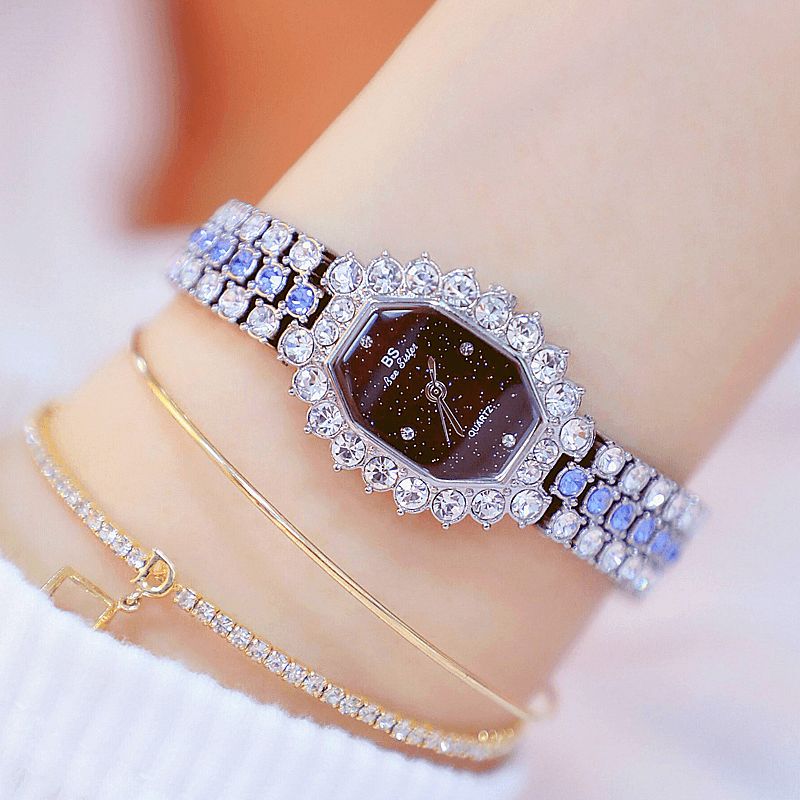 Bs Crystal Dame Armbånd Watch Diamonds Rektangel Full Steel Kvartsklokke